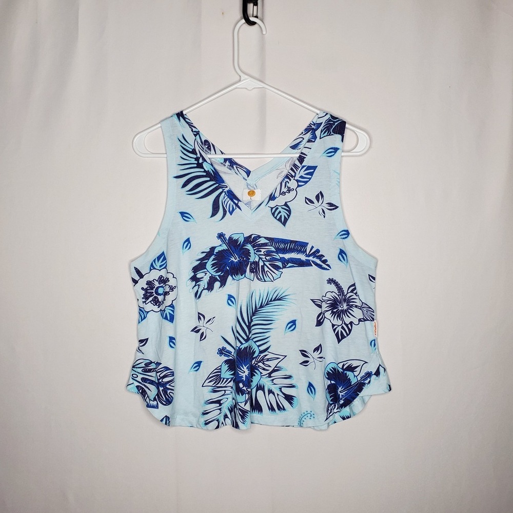 Vitamin-A Tank Top Women Large Blue Tropical Floral Flowy Boxy Crop Beachy